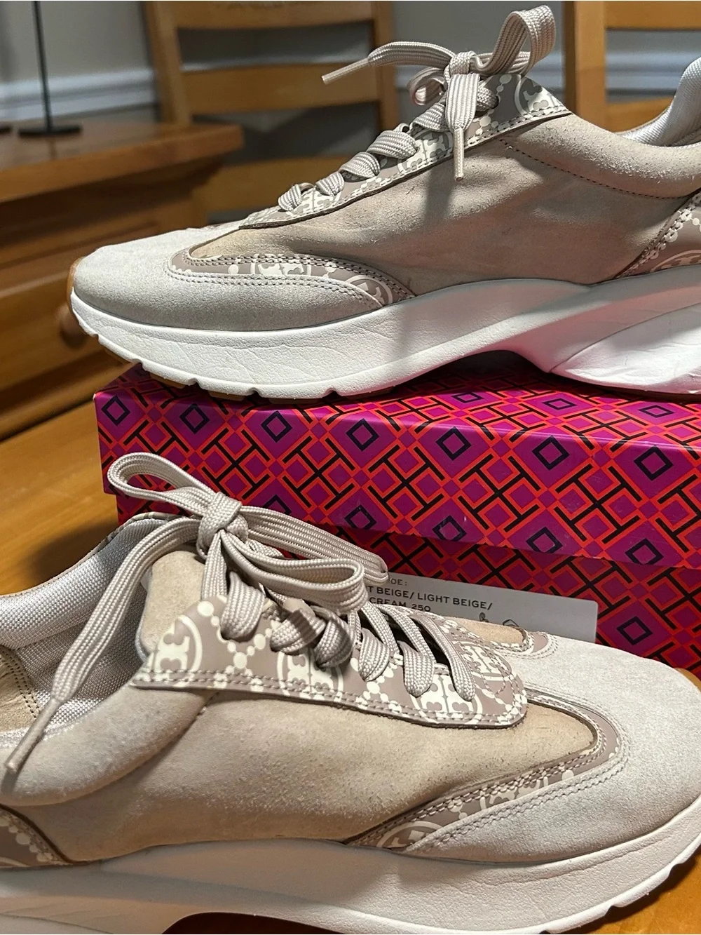 Tory Burch Light Beige Suede T monogram good luck trainer